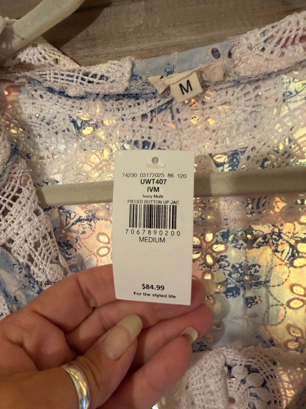 POL Sheer White Crochet Hooded Jacket with Blue Accents - Picture 4 of 9